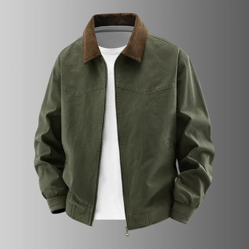 American Style Vintage Fashion Men Color-coded Turn-down Collar Zipper Long Sleeve Casual Simple Trendy Jackets Male Coats Tops