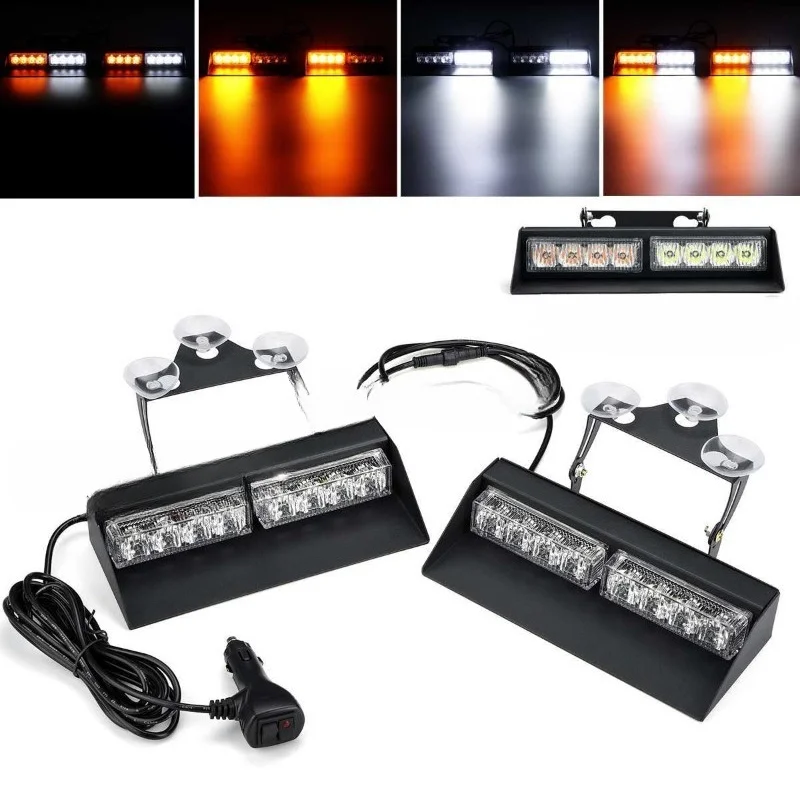 2Pcs 10-30v Amber White Flash Emergency Strobe Light 27 Mode Inner Windshield Light with Truck Suction Cup