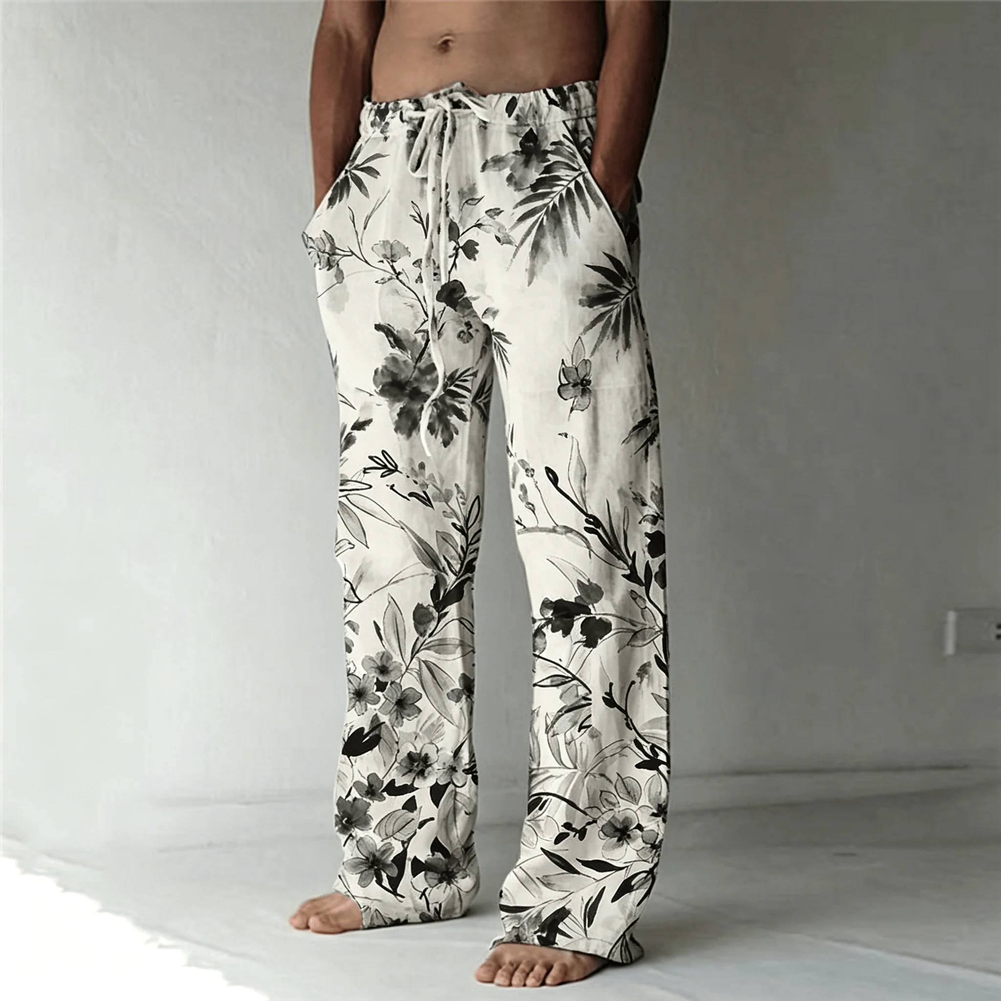 Herrenhose mit Tuschendruck-Palmblattmuster und Kordelzug, Vintage Botanische Gerade Hose für Frühling & Sommer – Detail 7
