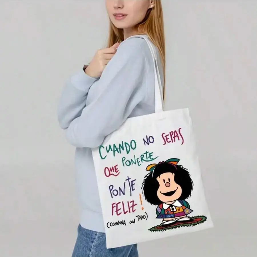 Cartoon Mafalda Mafada 2D Print Pattern Canvas Tote Bag Fashionable Unisex Shoulder Bag for Daily Use image 6