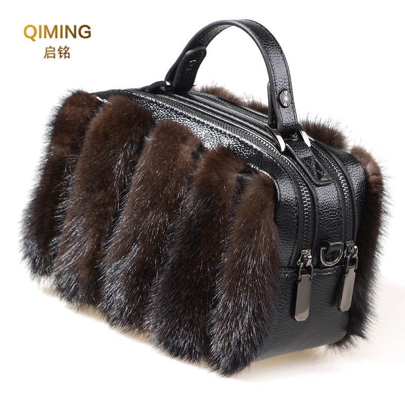 Bolso de piel auténtica para mujer, bandolera de piel de visón, con doble cremallera, para ocio