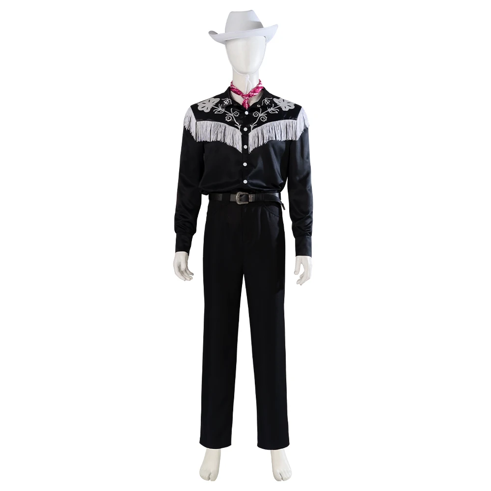 

2023 Movie Ken Ryan Gosling Cosplay Costume Black Suit Adult Men Cowboy Shirt Pants Hat Outfit Halloween Carnival Uniform