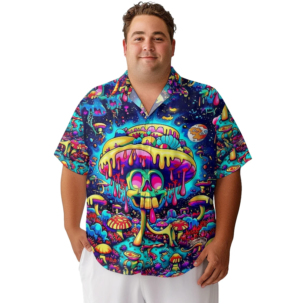 2024 new  Men's shirts plus size Creepy skull-and-skull mushrooms for Halloween dessert printed clothing casual short-sleeved