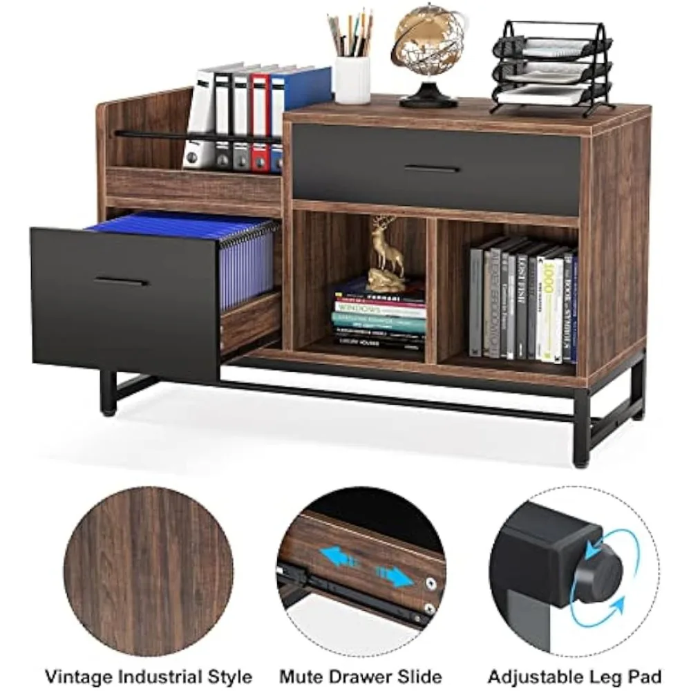 Rustic Brown 39 inch File Cabinet with 2 Drawers, Lateral Filing Cabinets, Printer Stand with Open Storage Shelves an