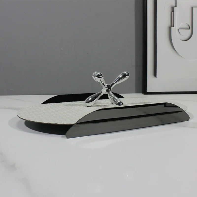 Modern simple and creative light luxury embossed leather metal tray, model room living room dining room coffee