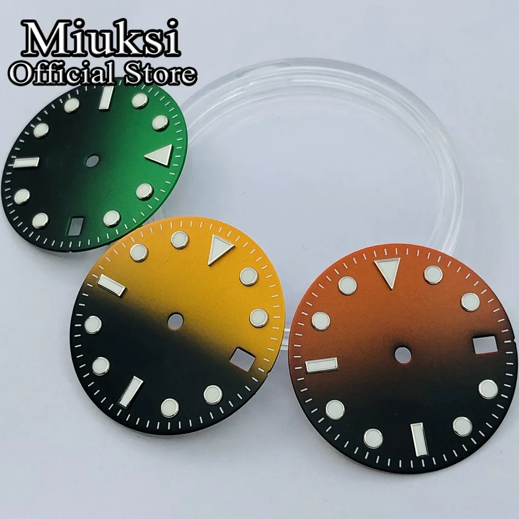 Miuksi 29mm black green yellow orange watch dial fit NH35 movement fit 3 o\'clock crown 3.8 o\'clock crown