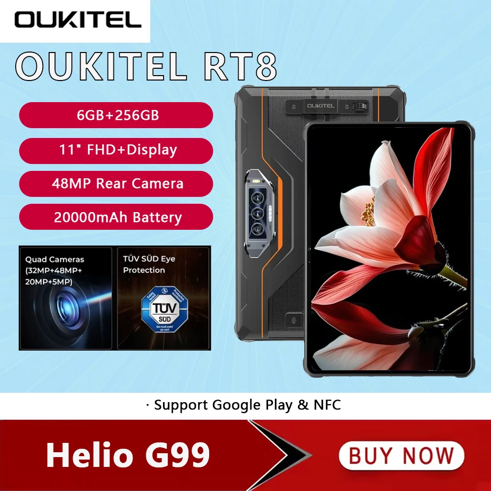 Oukitel RT8 Rugged Tablets 20000mAh Battery 11 Inch FHD+ 6GB+256GB Helio G99 Smart Pad 48MP Camera Tablets PC 33W Android 13 NFC