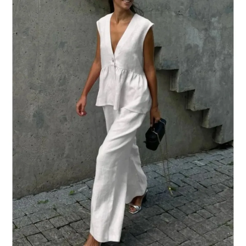 

Sleeveless Vest Long Pants Set Cotton Sexy V-neck Top New Solid Color Temperament Commuting Women's Two-piece Set