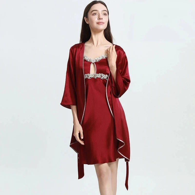 Roupões de seda pesada de 19mm e vestido de noite, pijama, conjunto de 2 peças, roupão de banho 100% seda amoreira e mini camisola deslizante, roupa de dormir, quimono