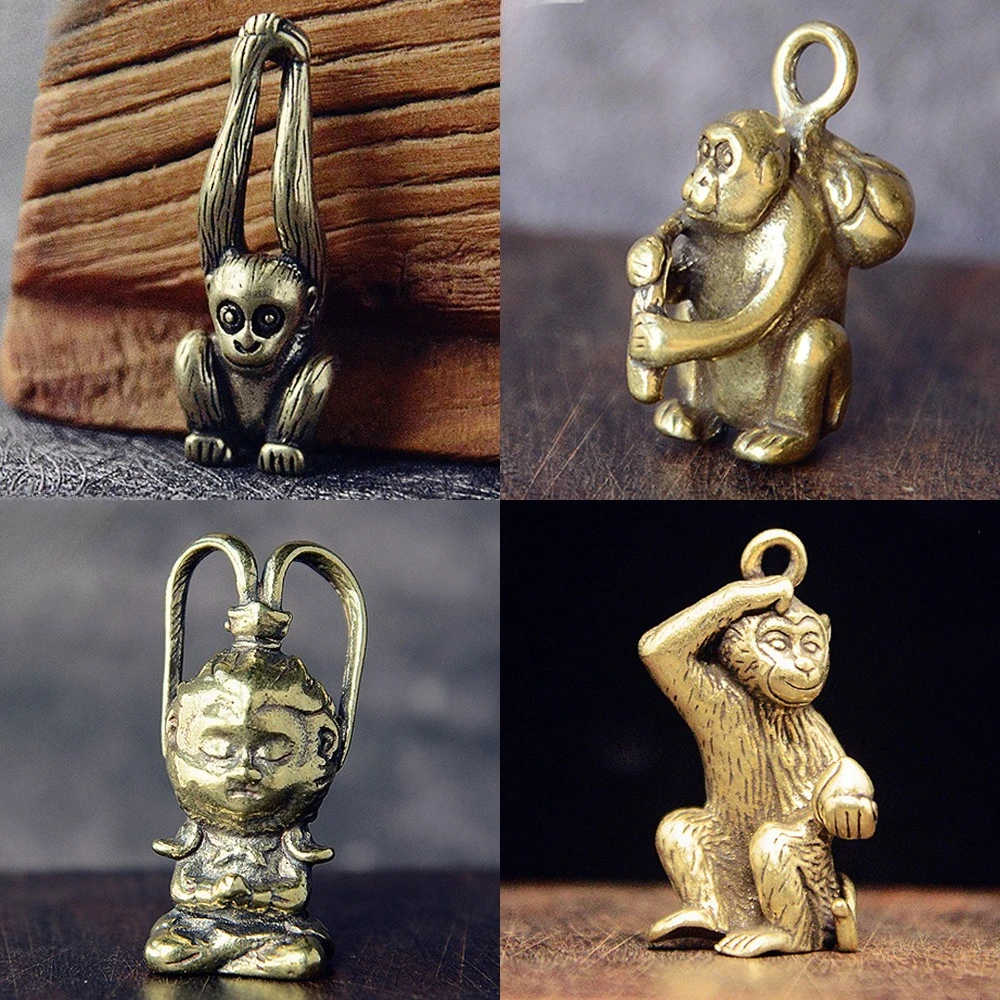 Brass Monkey Statue Handmade Zodiac Animal Figurine Lucky Home Decor Collectibles Tea Pet Desktop Decoration DIY Keychain