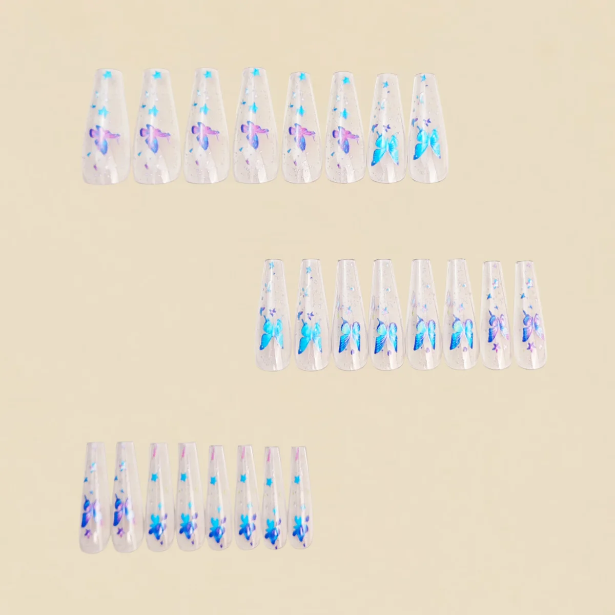 Medium Fake Nails for Women Gilrs Half Clear Ballet Nail Tips Gradient Purple Blue Butterfly Design Full Cover Press On Nail Set view 6