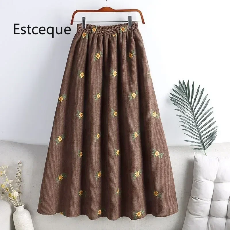 testCorduroy Embroidery Women Skirts Autumn Winter New Arrival Floral Skirts Female High Waist Slimming Mid-calf Skirt for Women