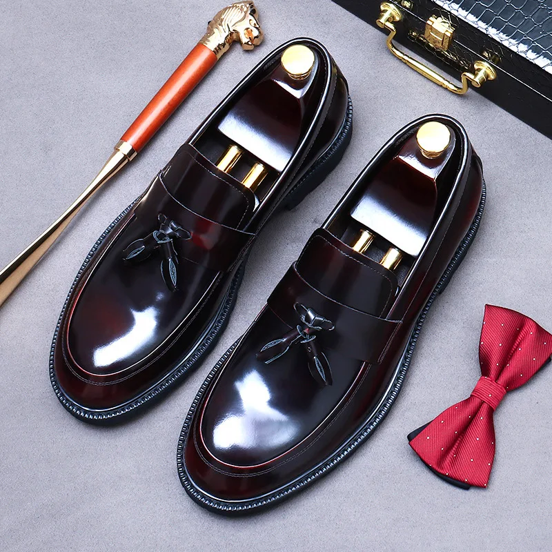 Luxury Leather Mens Dress Loafers Shoes Platform Tassel Genuine Leather New Black Wedding Social Formal Shoes Man