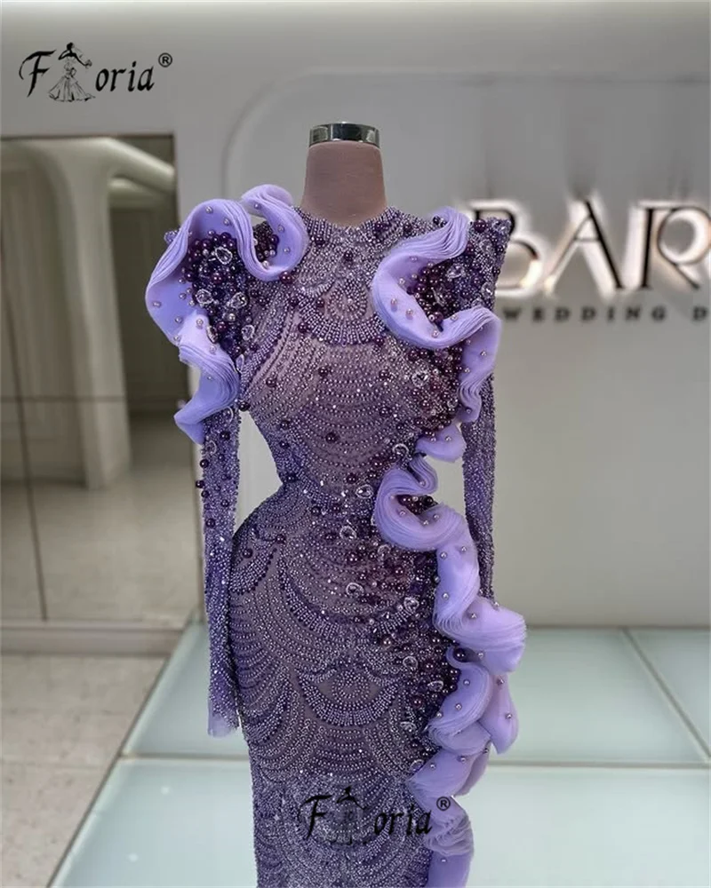 Luxury Purple Bead Evening Dresses Heavy Crytsal Sequin Mermaid Celebrity Party Dress Long Sleeve Formal Occasion Gown Customize