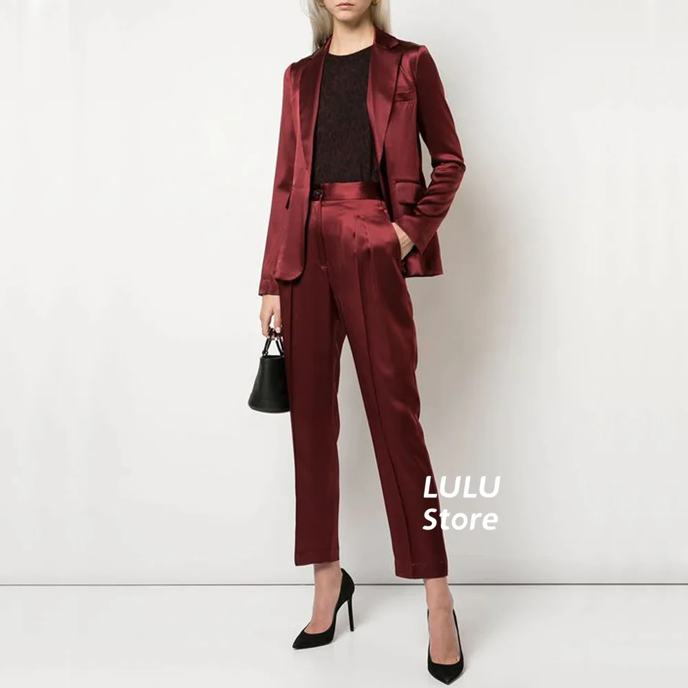 Completo da donna di lusso Slim Fit in raso rosso vino elegante pantaloni lunghi per abito da ballo da lavoro Retro Casual 2 pezzi Vestidos De Fiesta