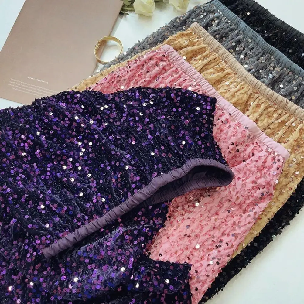 Velvet Midi Skirt High Waist Slimming Sequin Decor Solid Color Party Skirt Retro Straight Fit Sparkling Skirt