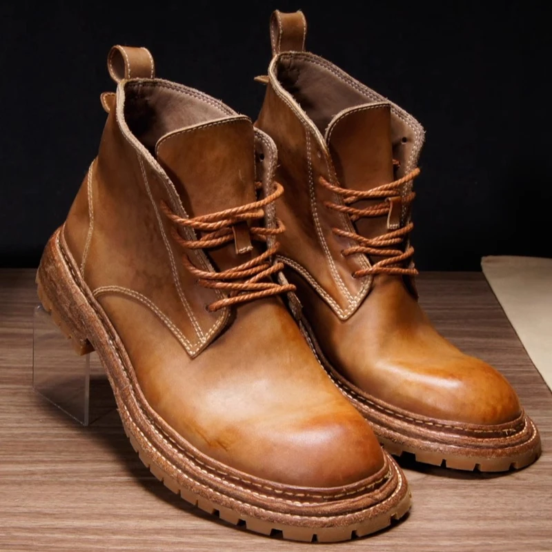 Washed Genuine Leather High Top Shoes Men Casual Thick Sole Work Outdoor Ankle Boots Male Chelsea Desert Motorcycle Boots