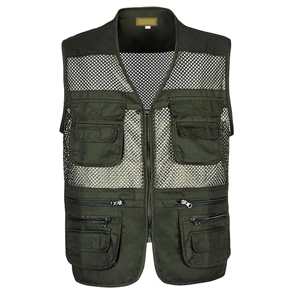 Multi Pockets Jacket Lightweight Mesh Outdoor Sports Vest for Summer Zipper Closure Waistcoat for Work Wear Camping Fishing Men