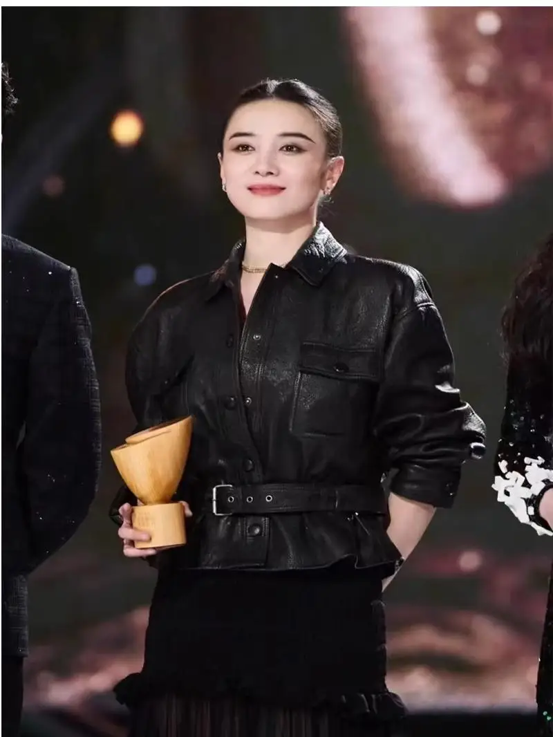 Haining Motorcycle Jaet Women's ort Bla PU Leather Coat Street Sle Loose Fit Long Sve  Collar Button up Coat