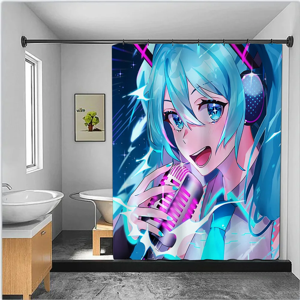 Anime Girl H-HatsuneS M-Miku Shower Curtain Waterproof Polyester Fabric Paint Bath Curtain Home Bathroom Decor Curtain With Hook