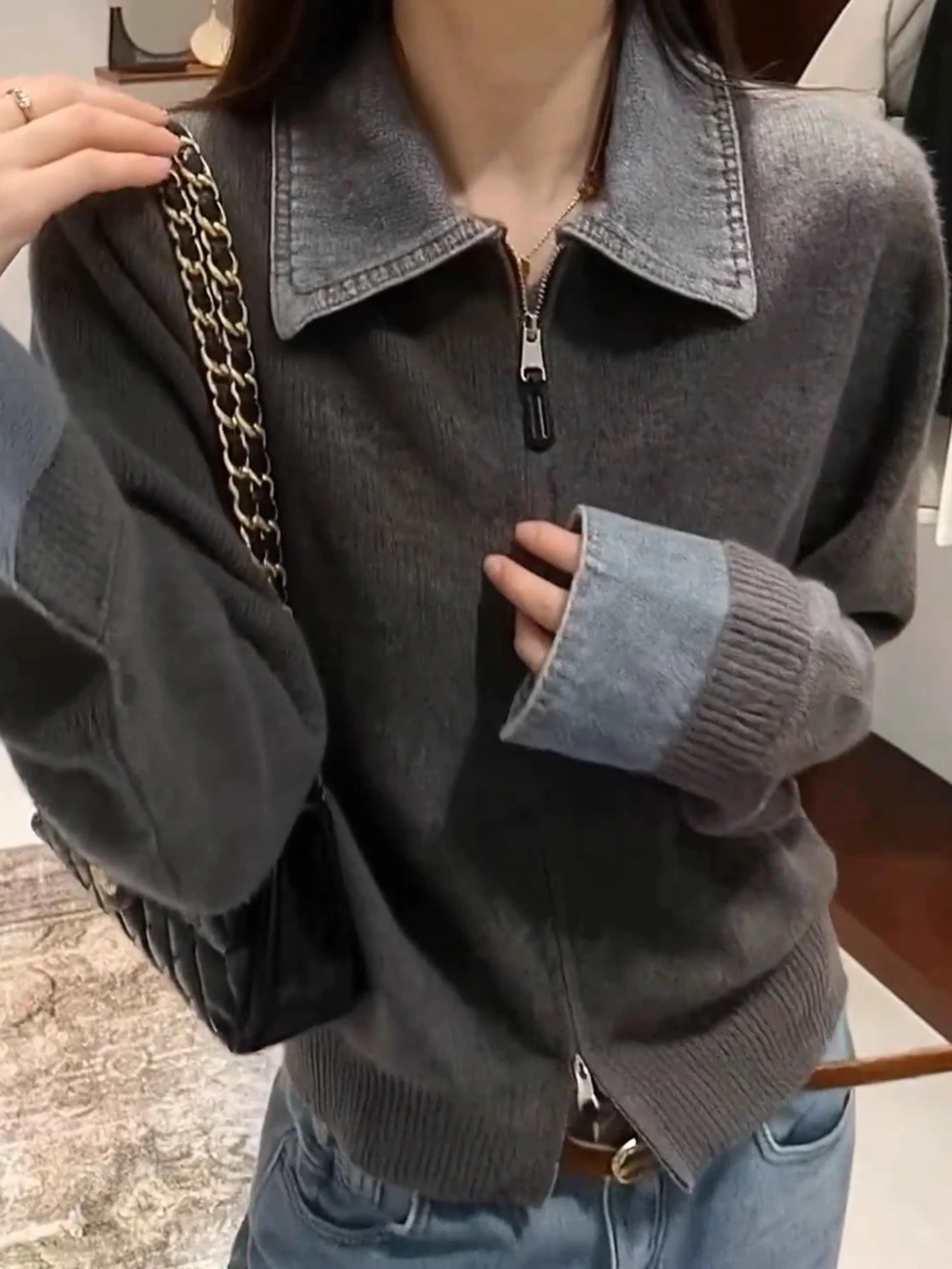 

Ретро-кардиган из трикотажа с джинсовым воротником в стиле пэчворк для женщин, осенне-зимняя новинка, универсальный вязаный топ для создания стройного силуэта