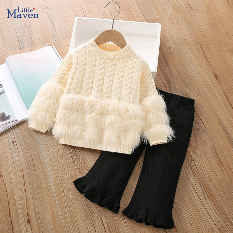 Little maven Autumn Winter Fashion Toddler Baby Girl Clothing Feather Sweater+Bell-Bottoms Set Children's Clothing Outfits Sets