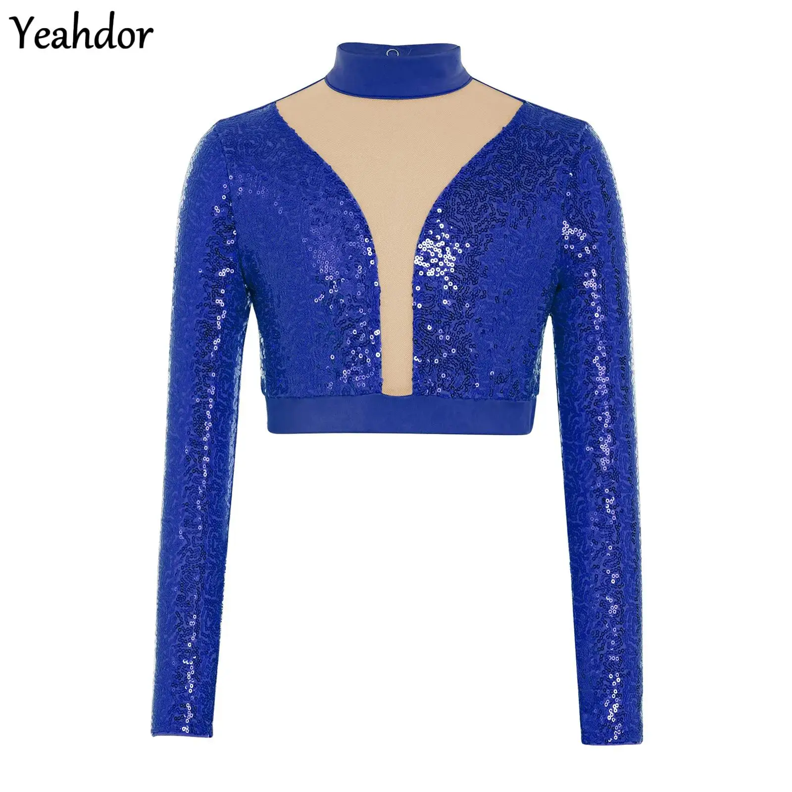 

Girls Gymnastics Dance Top Kids Sequins Shirt Top Long Sleeve Mesh Cutout Back Crop Tops Jazz Ballet Skating Performance Costume