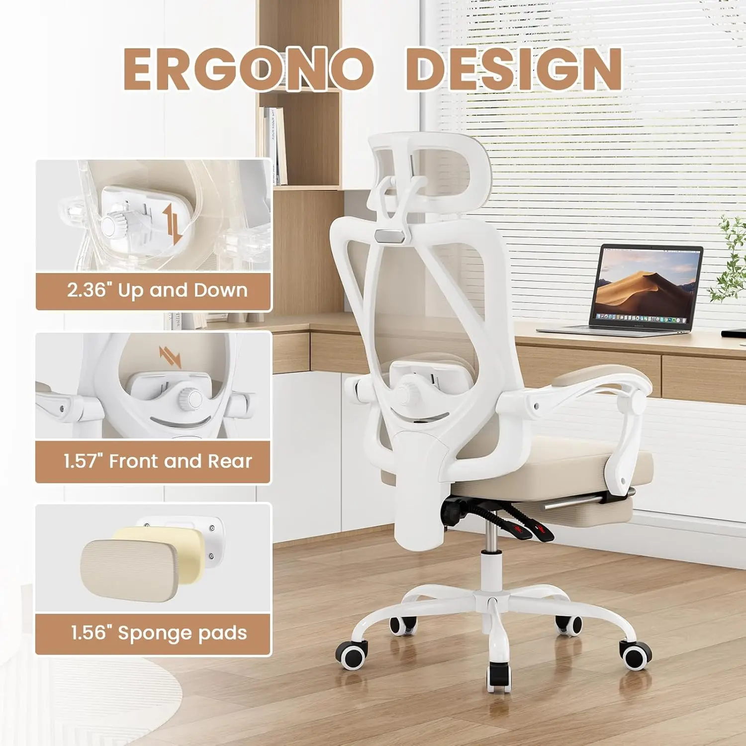 Ergonomic Mesh Office Chair with Headrest, Adjustable Lumbar Support, Footrest, Swivel Computer Chair for Home Office, White/Kha