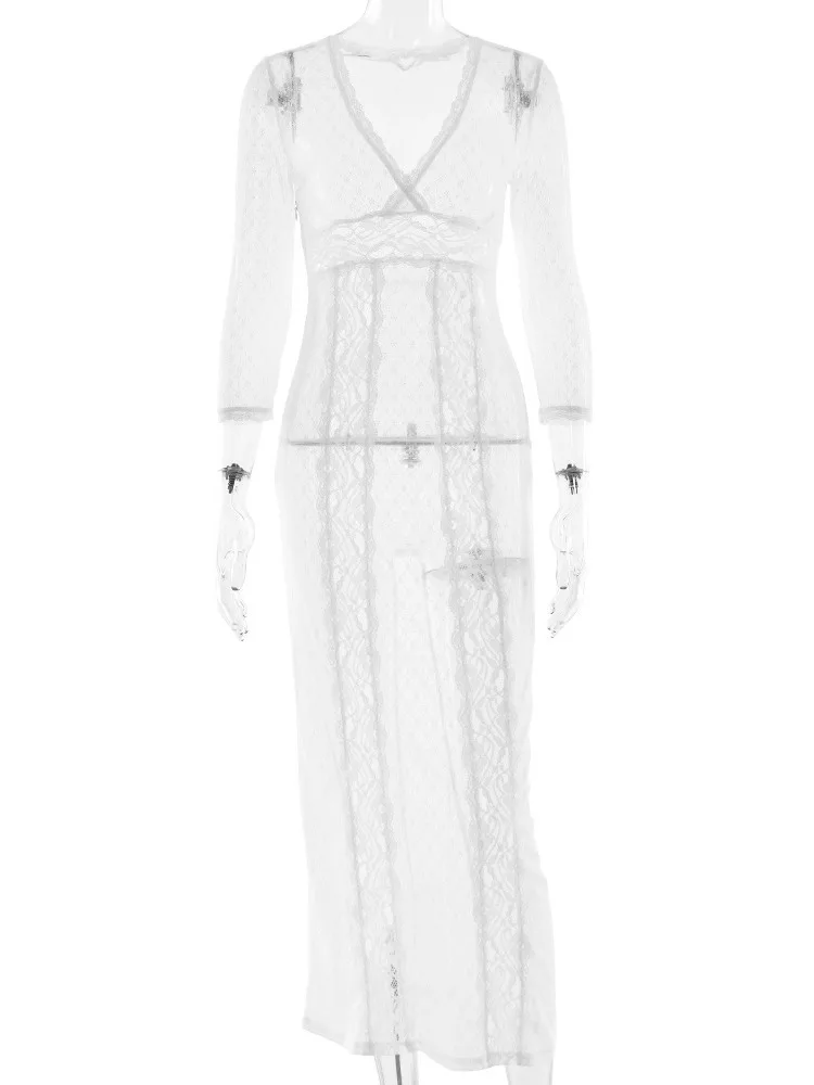 Articat delle nuove donne del merletto trasparente con scollo a V vestito delle donne di tendenza della moda sexy elegante manica lunga abito lungo autunno inverno abiti
