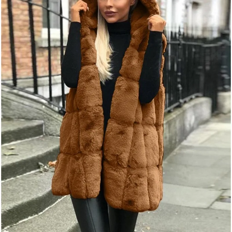 

2025 горячая осенне-зимняя куртка с капюшоном из искусственного меха, женский жилет, кардиган, женский