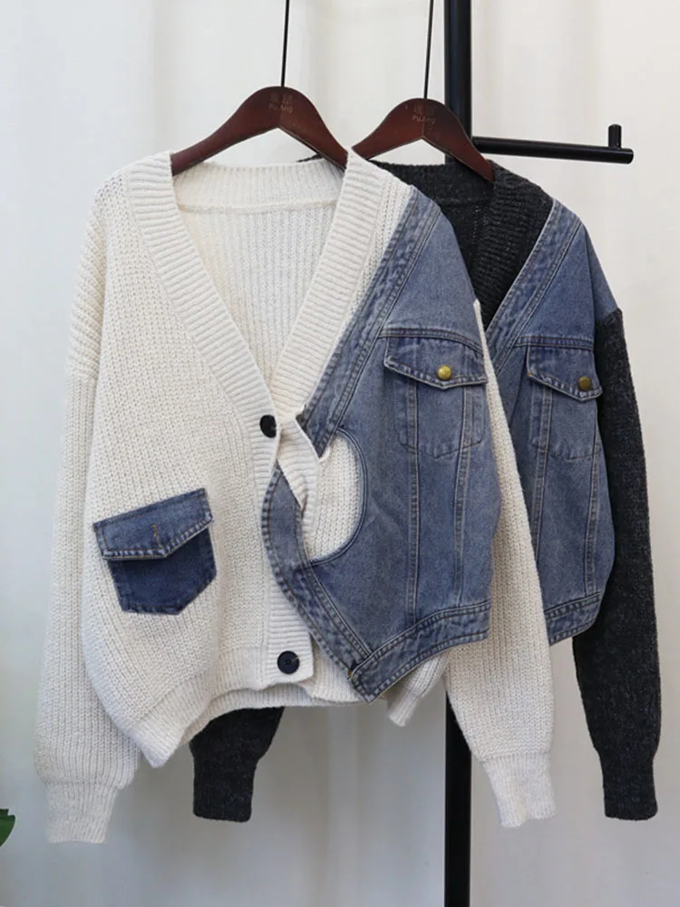 DEAT Spliced Denim Knitted Cardigan For Women Loose Casual Versatile Sweater Jacket Female Trend 2024 Autumn New Items 33A2097