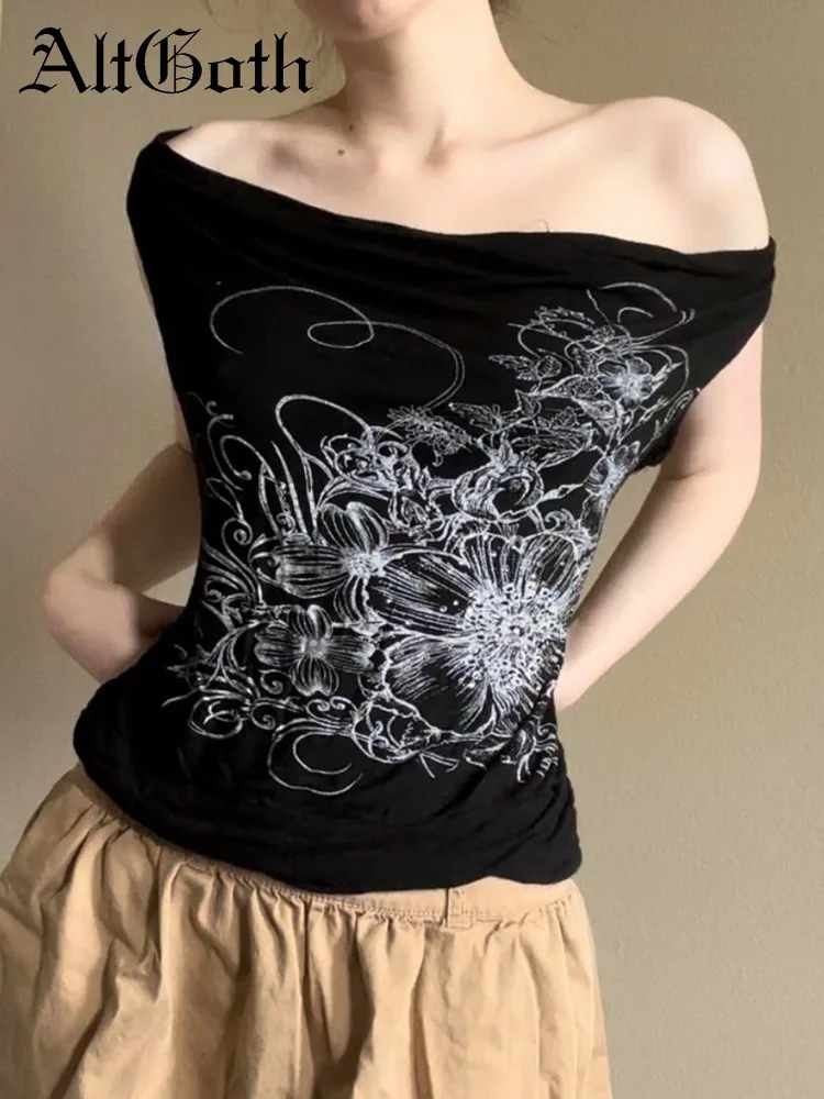 

AltGoth Streetwear Gothic Vest Women Vintage Y2k E-girl Harajuku Grunge Cyber Punk Printed V-neck Halter Crop Tank Tops Female