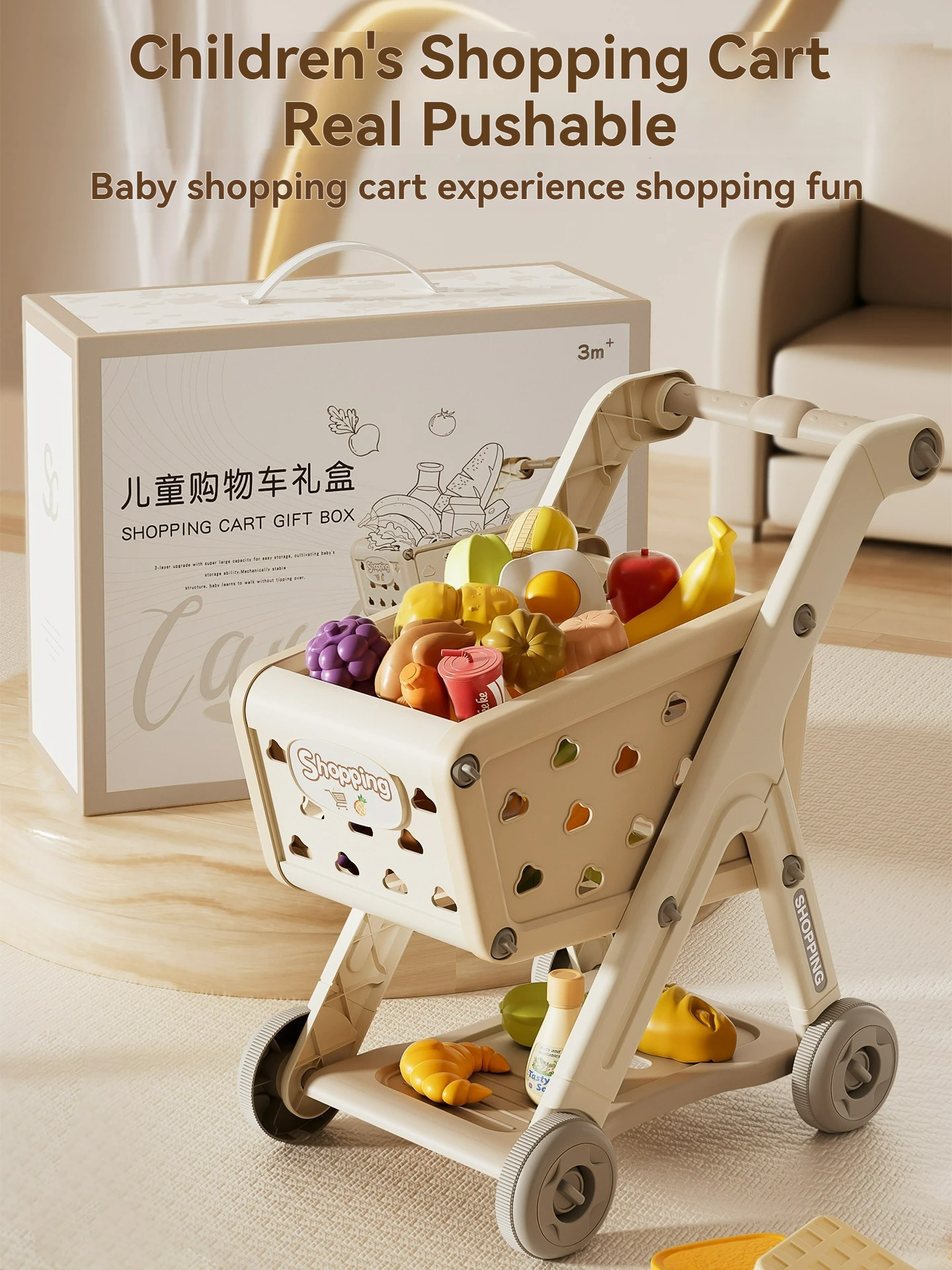 Carrito de compras de juguete para bebé, carrito pequeño para niños, casa de juegos, corte de fruta, música, cocina, supermercado, juguetes de educación temprana para niños y niñas
