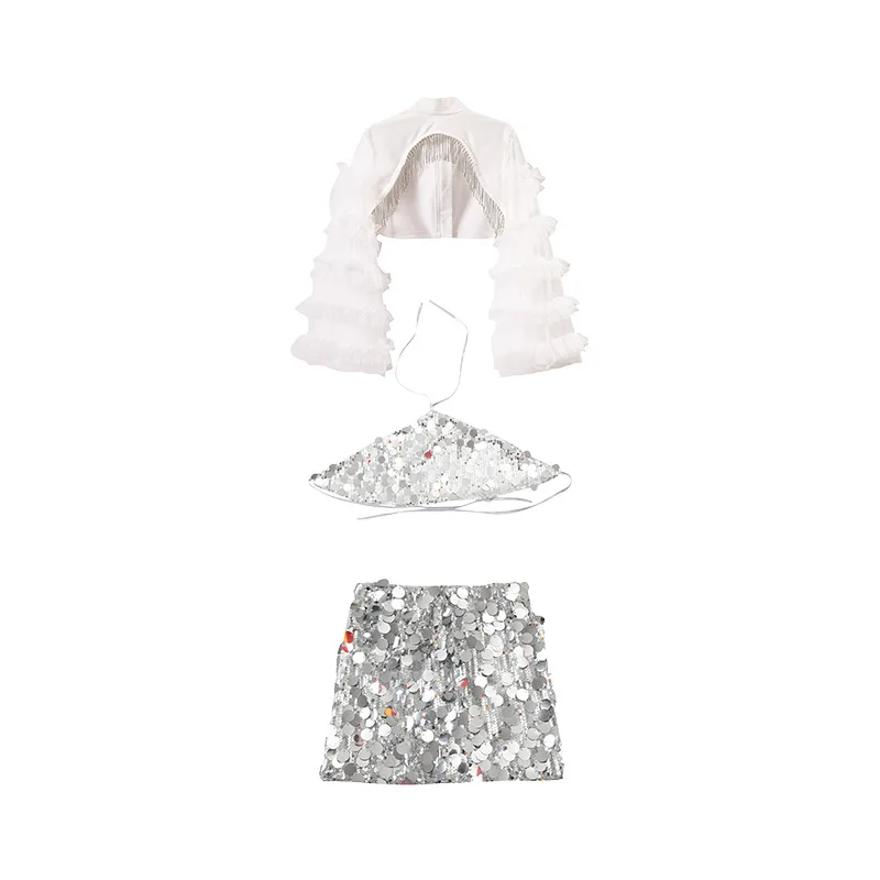 Vestido de performance de dança jazz para meninas, conjunto moderno de malha de couro brilhante da moda feminina, vestido de desfile de moda hip hop modelo