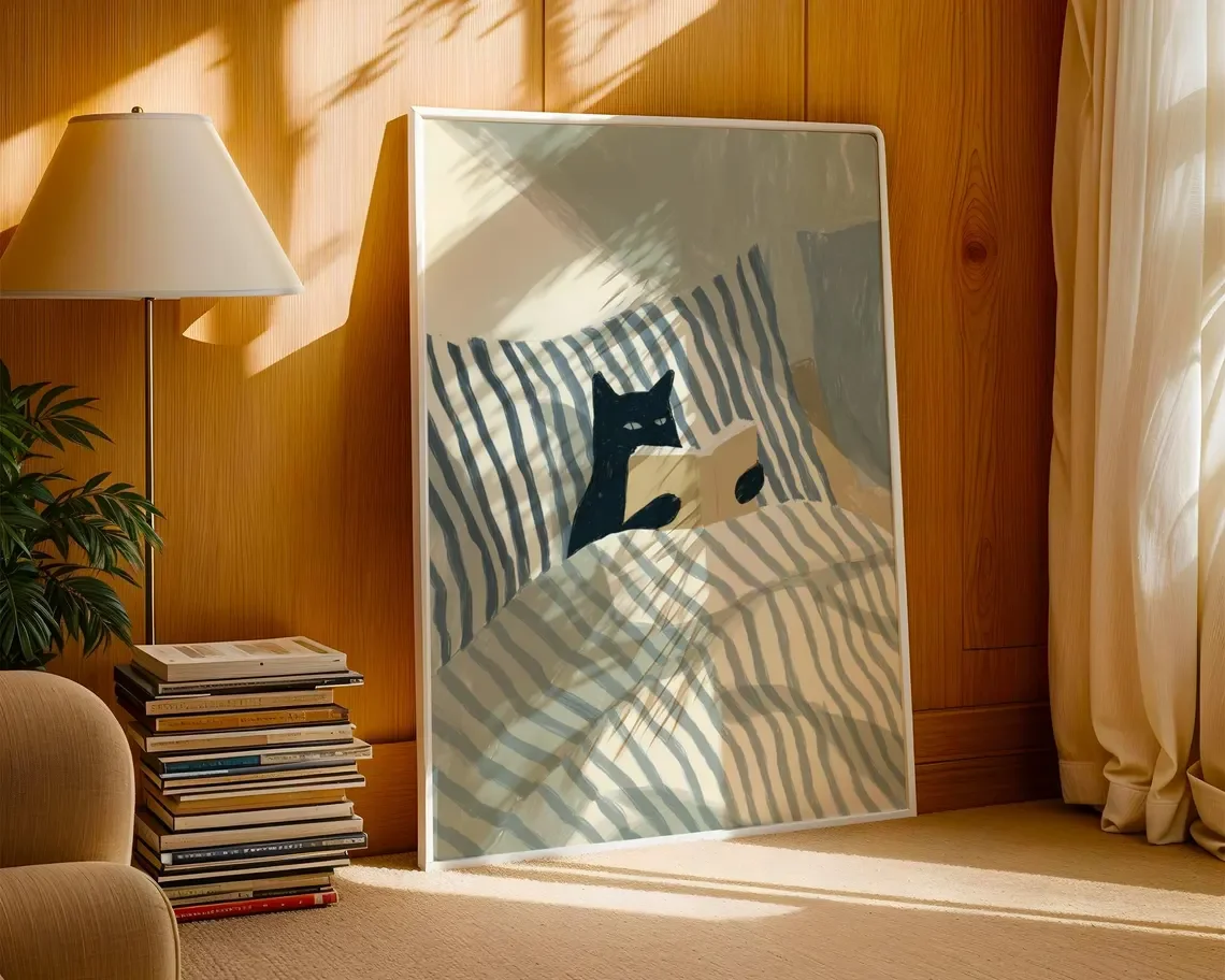 Cat Reading Print – Black Cat Wall Art, Cosy Bedroom Poster, Book Lover Cat Illustration, In Bed Print, Reading Decor, Cozy image 2