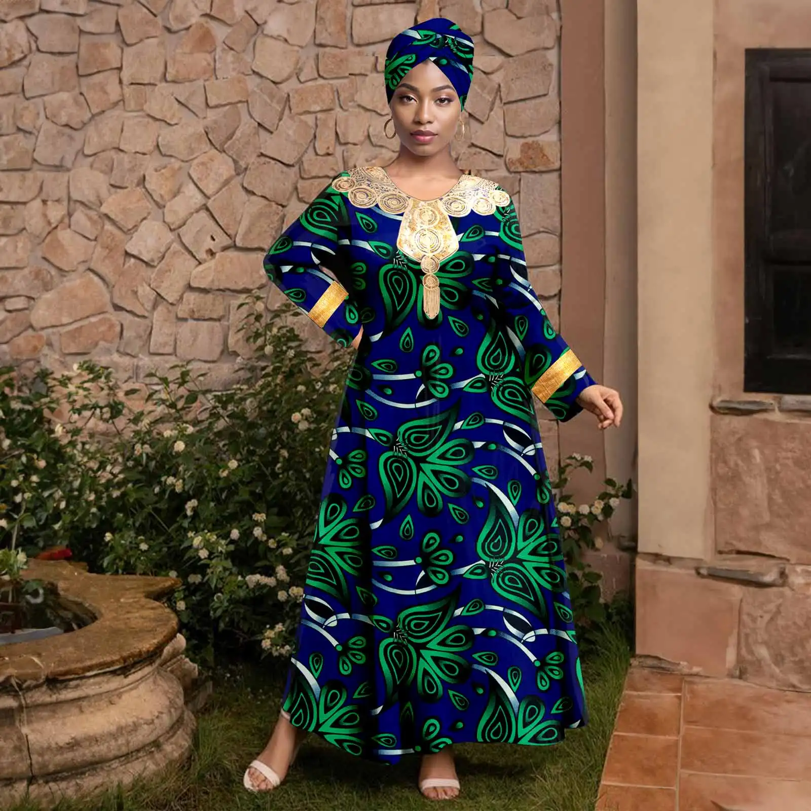 African Dresses for Women Luxery Prom Full Sleeve Bazin Riche Ankara Print  Loose Vestidos Wedding Church Causal Wear Y2325103 - AliExpress 200000345