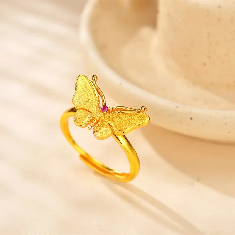 9999 gold brushed butterfly ring - women's light luxury vintage phoenix open-ended ring