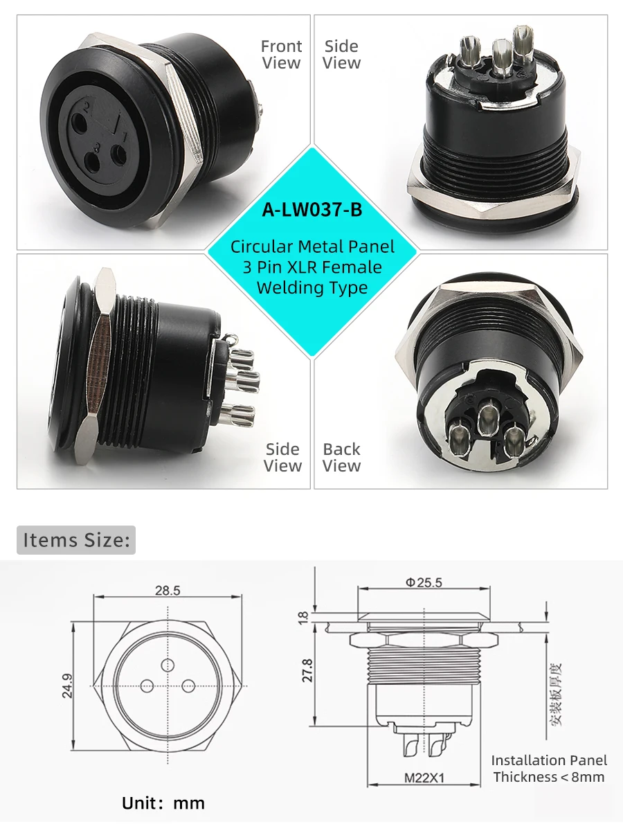Moduł gniazda XLR 3-pinowego, metalowy, okrągły, męski i żeński, do montażu panelowego, kabel audio, wtyk mikrofonowy, rozmiar montażowy 22mm. — zdjęcie produktu 4