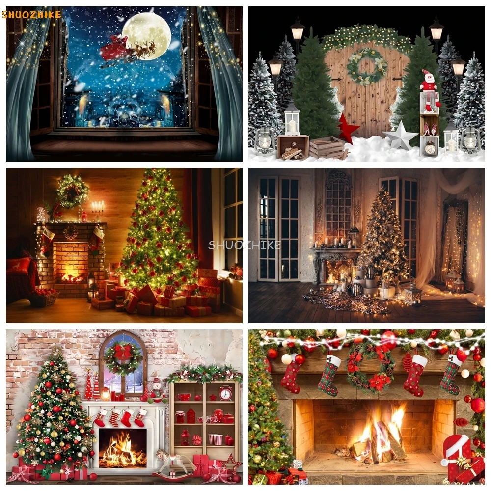 

Christmas Room Decoration Backdrop Retro Fireplace Xmas Trees Gifts Baby Portrait Background Winter Snow Photography Props