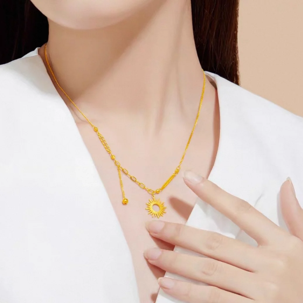 

Fashionable and Luxurious Women's High-end Irregular Clavicle Chain 9999 24K Real Gold Little Sun Ball Bing Tassel Necklace