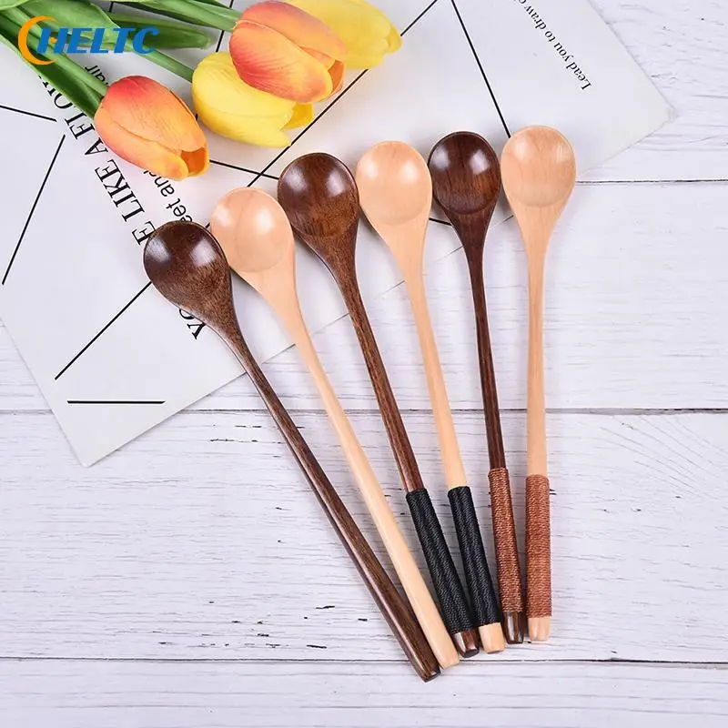 Wooden Spoons Large Long Handled Spoon Kids Spoon Wood Rice Soup Dessert Spoon Coffee Tea Mixing Tableware 1pc