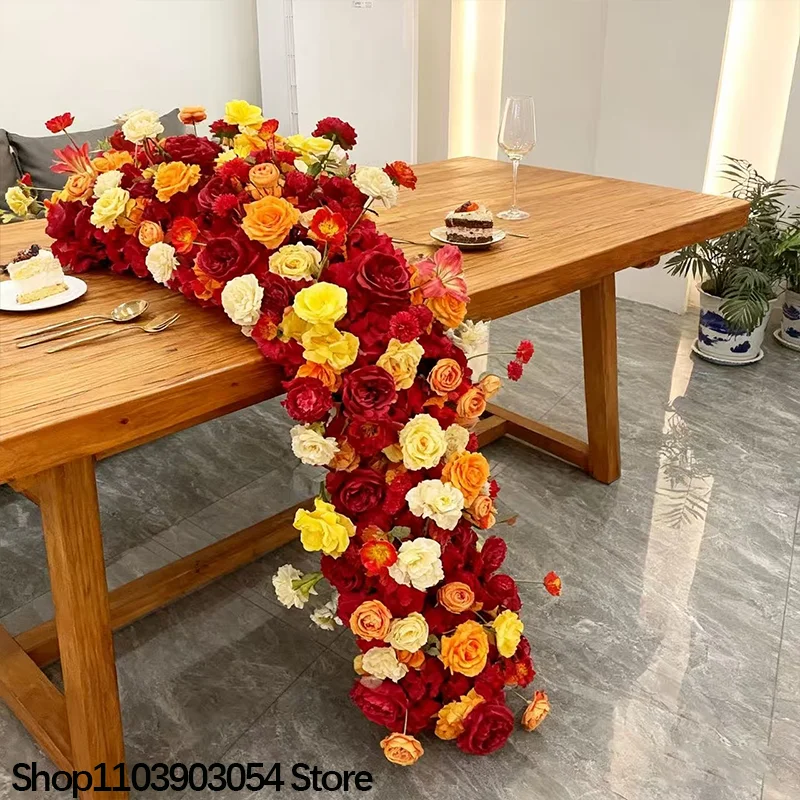 أحمر/برتقالي/أصفر فاخر وردي كوبية أريكة الجدول عداء زهرة الزفاف خلفية الديكور تشكيلة صف الزهور الدعائم الحدث