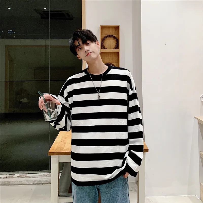 Cool Autumn Handsome Fashion Mens Round Neck Strip T Shirt Hip Hop Classic Casual Tops Women Tops Clothes Males White Daily
