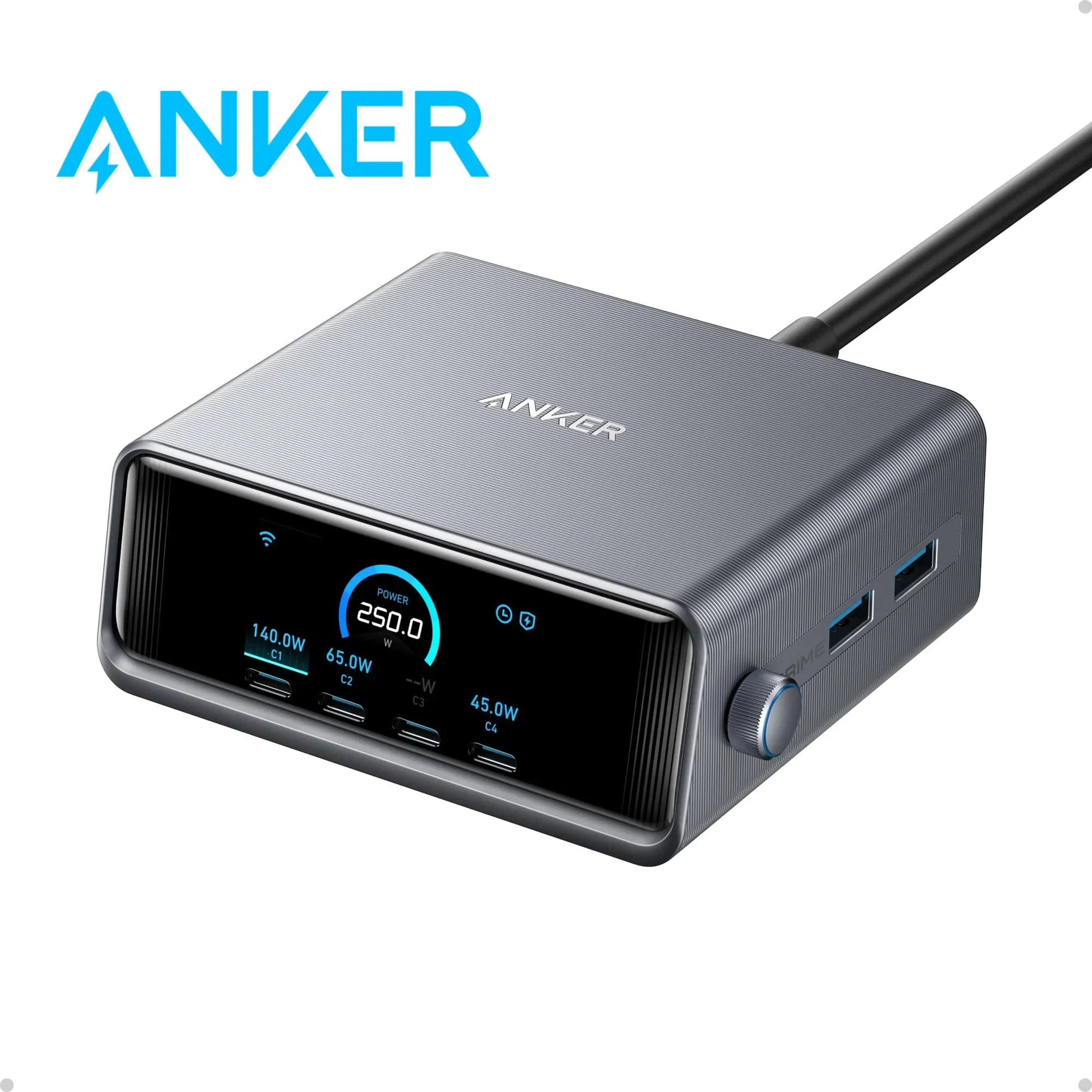 Anker Prime Ladegerät, 250 W GaN Prime USB C Ladestation, ultraschnelles 6-Port, 2,26 Zoll LCD-Display und Smart Control Dial, A2345