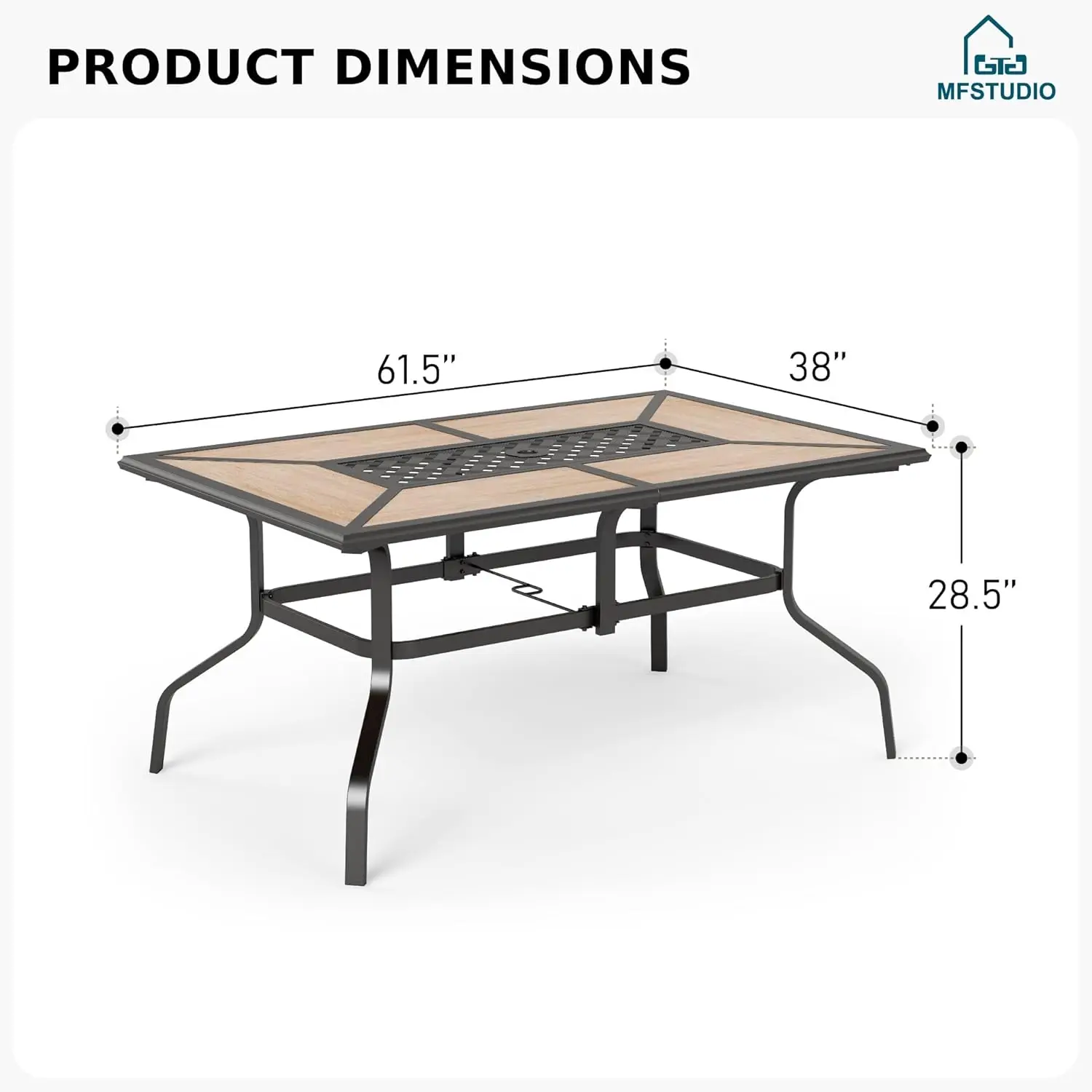 Outdoor Patio Dining Table for 6, Rectangular Patio Furniture Table with Metal Frame and Immitation Top, Adjustable Umbrella Hol