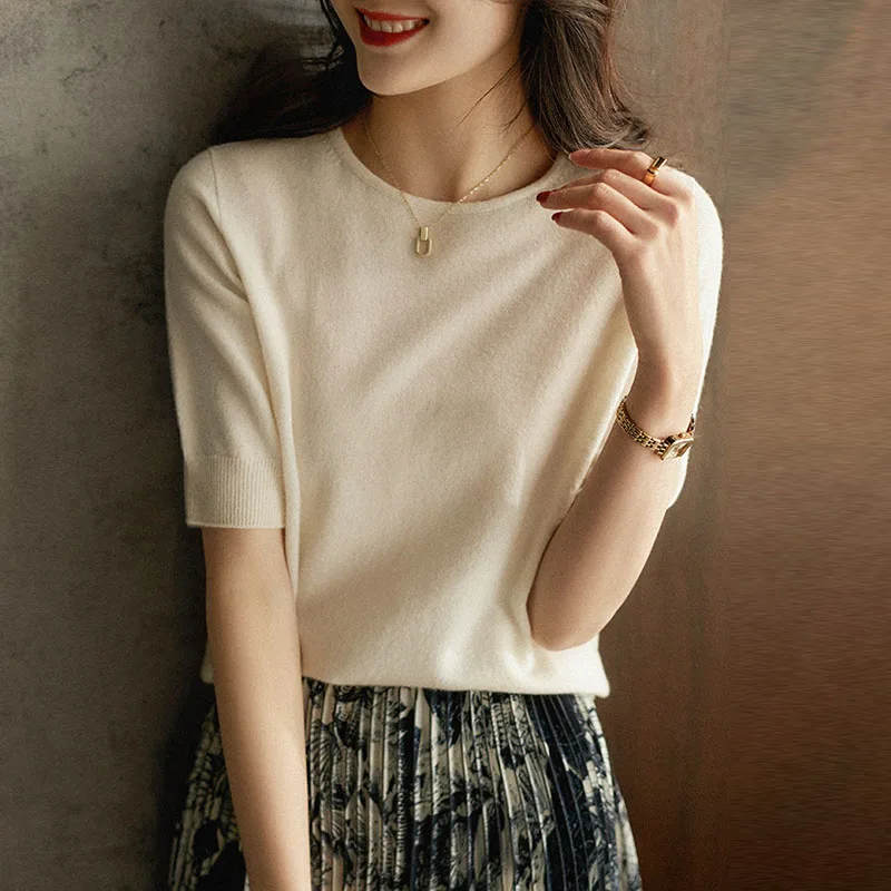 

Sueters De Mujer вязаный свитер с короткими рукавами, женские пуловеры, новый однотонный вязаный свитер с круглым вырезом, пуловер, женские топы, свитера Q2306