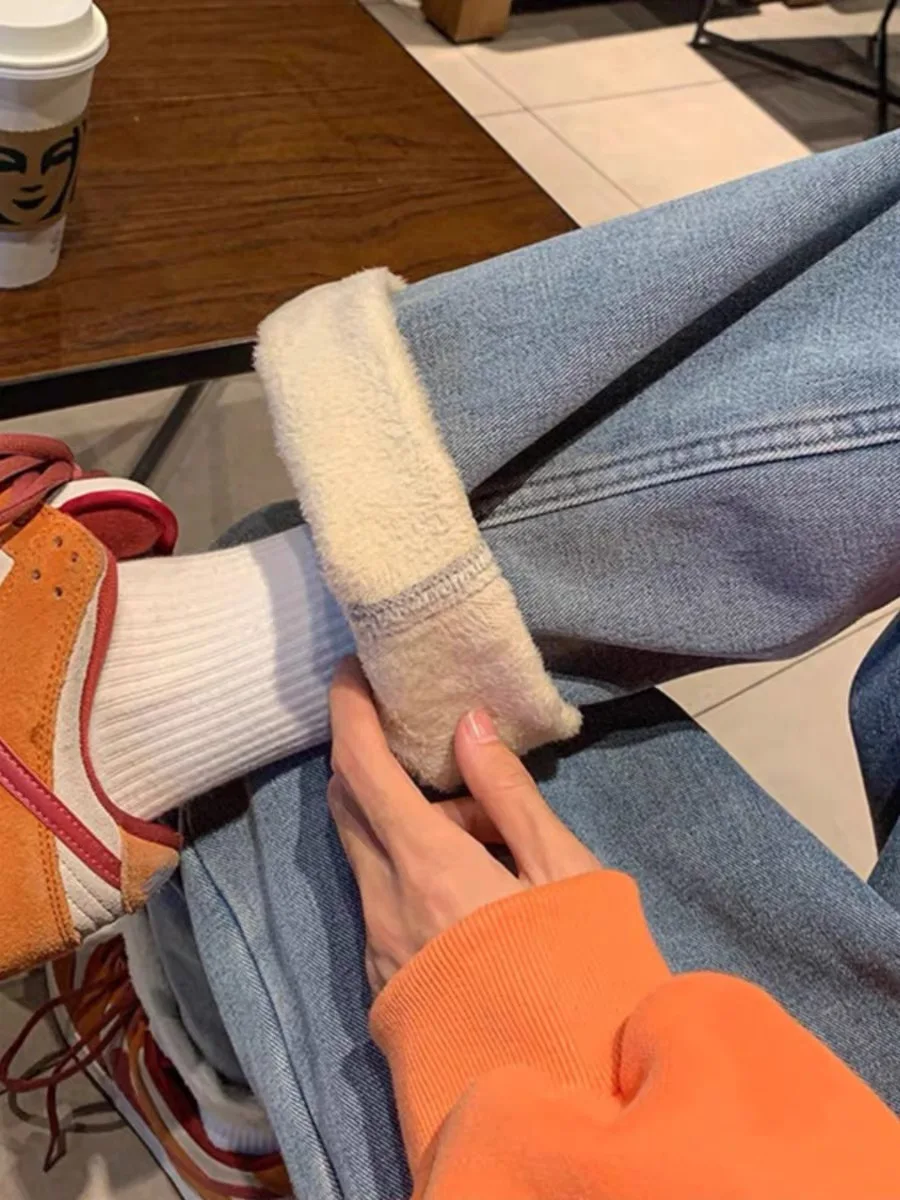 

Женские джинсы Thiened Fce с высокой талией, свободные прямые брюки, повседневные зимние теплые джинсовые брюки, большие размеры