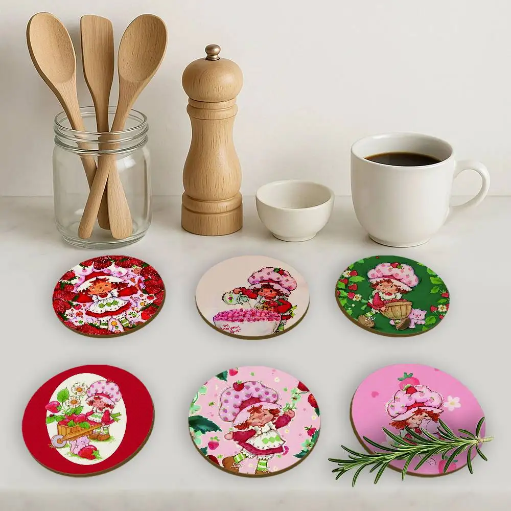 Cartoon S-Strawberry Cute S-Shortcake 2D Wooden Coasters Heat Resistant Non-Slip Holiday Birthday Gift Durable