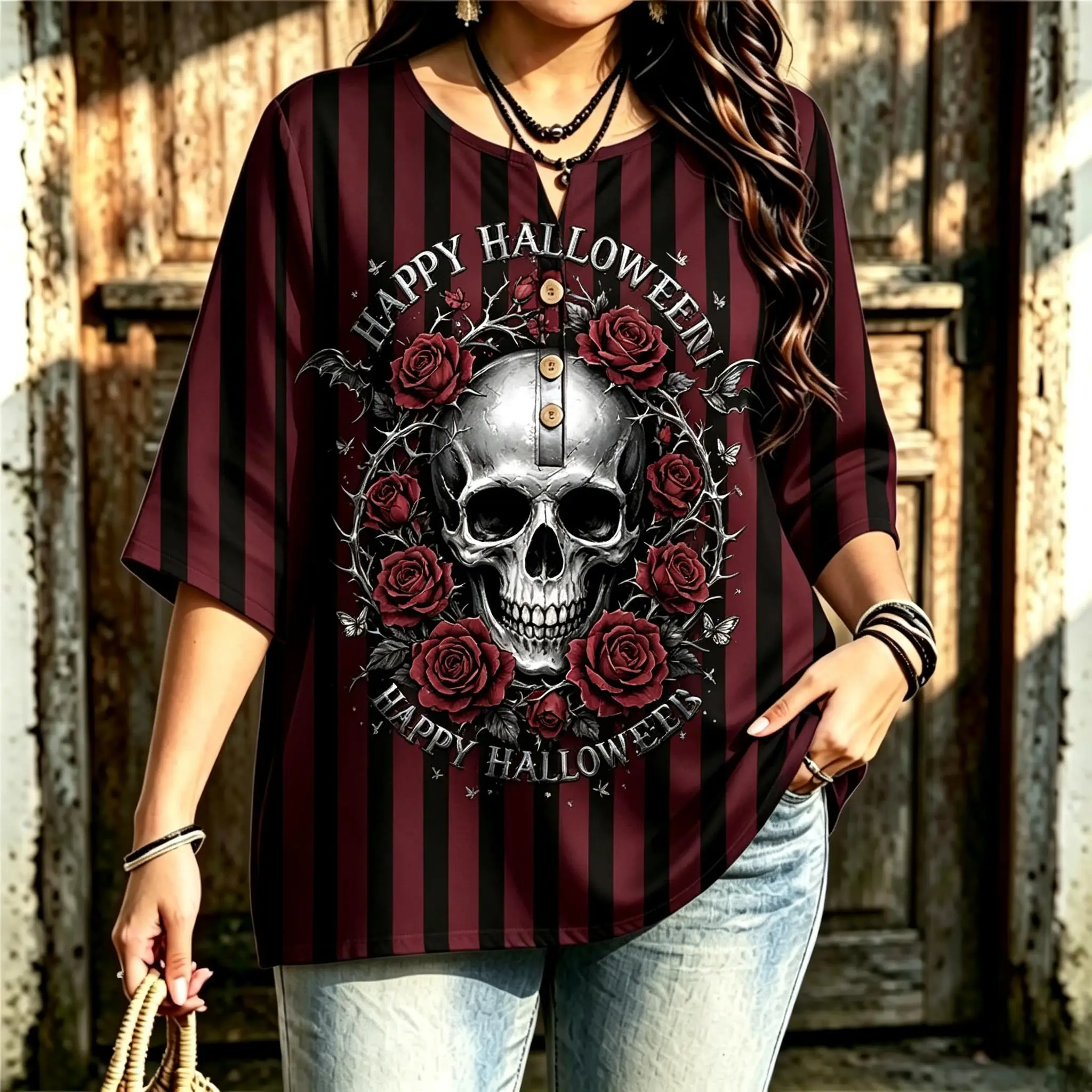 Women Notched Henley Neck 3/4 Sleeve Blouse Happy Halloween Stripe Background Pumpkin Spider Web Skull Red Rose Graphic Tops