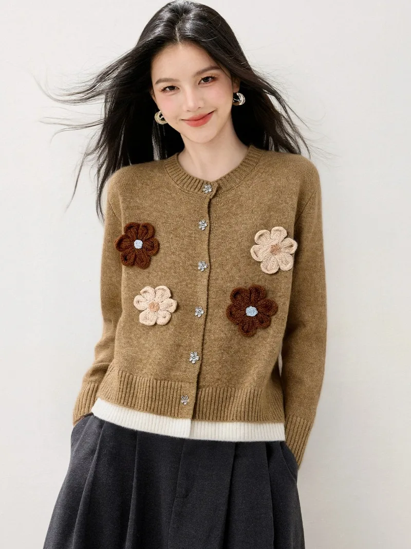 

2025 Autumn 3D Flower Knitted Cardigan Coat Women Korean Style O-neck Loose Long Sleeve Sweater Jacket Mujer Knitwear Y2k Tops